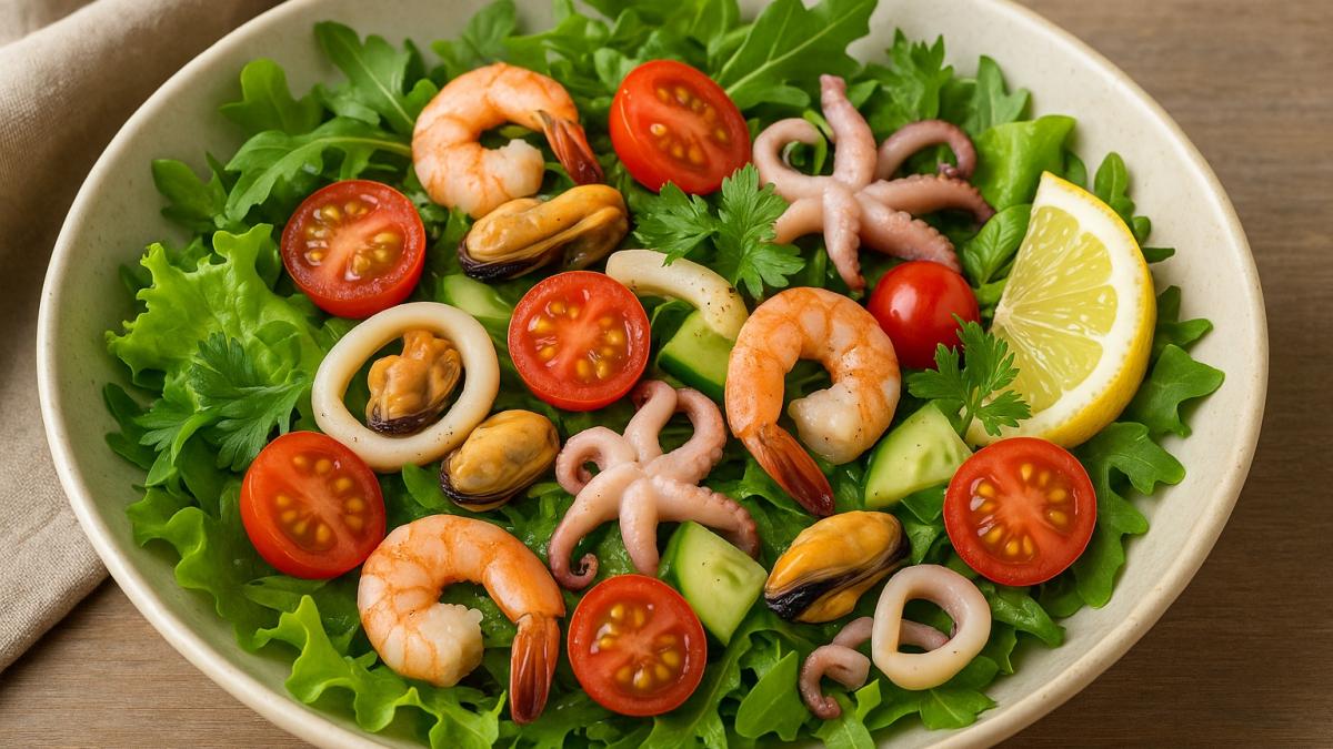 Салат с морепродуктами и зеленью Салат с морепродуктами и зеленью