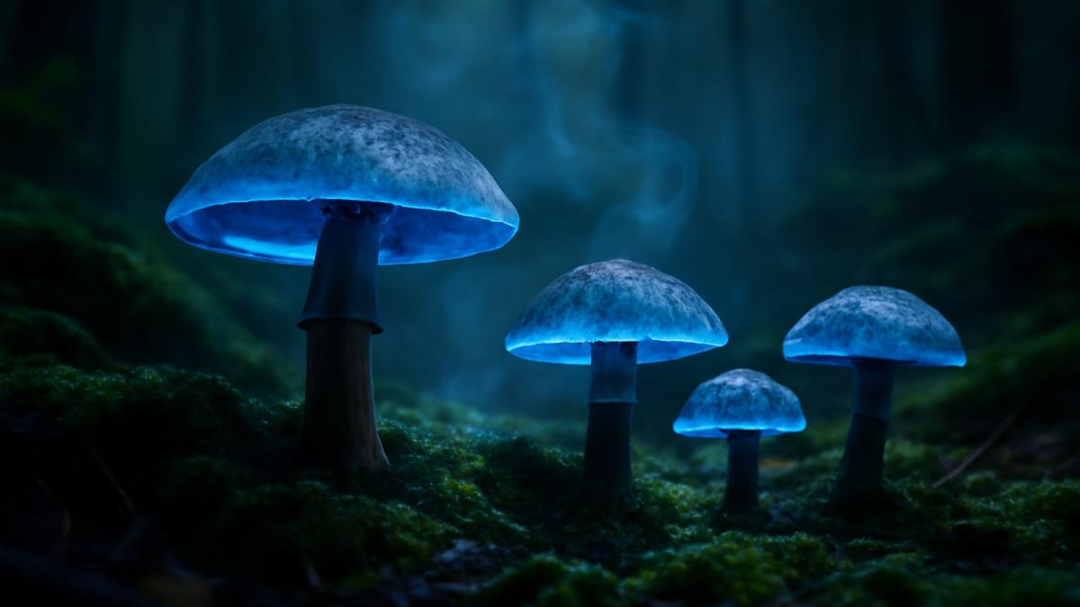 Биолюминесцентные грибы в лесу