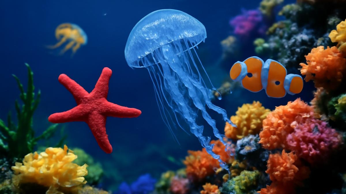 "Подводная жизнь: морская звезда, медуза и клоунская рыба" "Подводная жизнь: морская звезда, медуза и клоунская рыба"