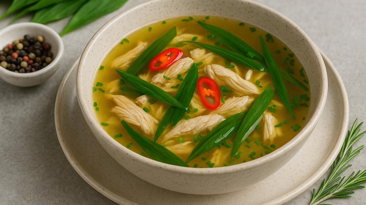 Бульон из курицы и черемши с перцем Бульон из курицы и черемши с перцем