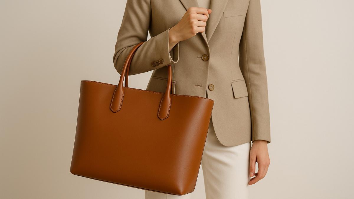 Женщина с кожаной сумкой-тоут