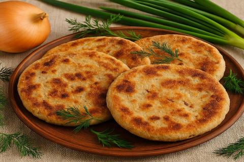 Ячменные лепёшки с обжаренным луком — хлебная выпечка без глютена и яиц