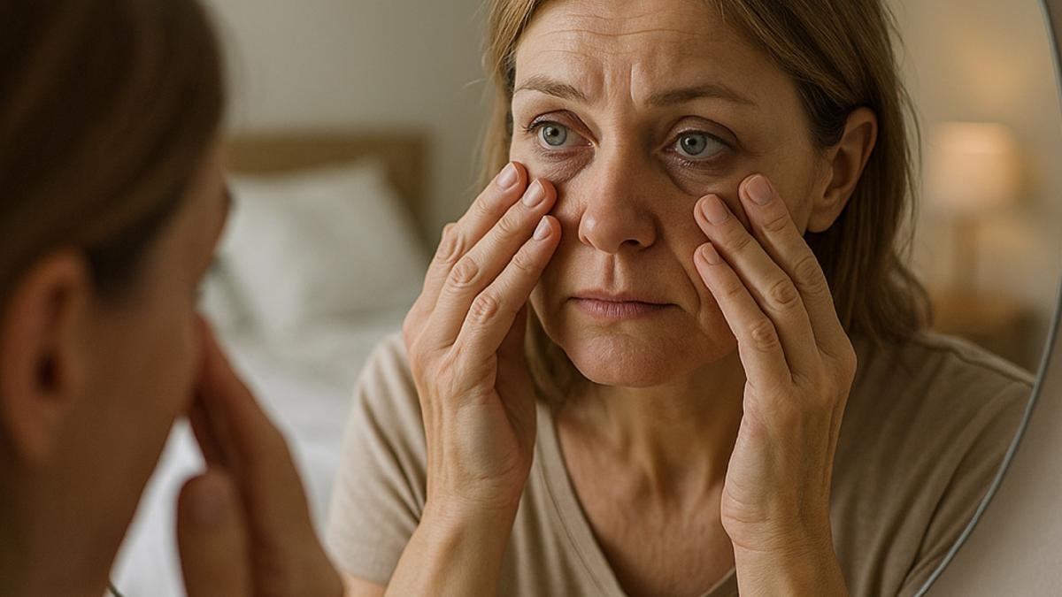 Женщина проверяет тёмные круги под глазами