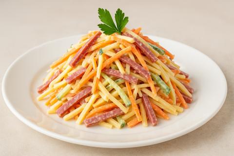 Кулинары отмечают: салат Соломка с колбасой и сыром остаётся одним из самых популярных домашних рецептов