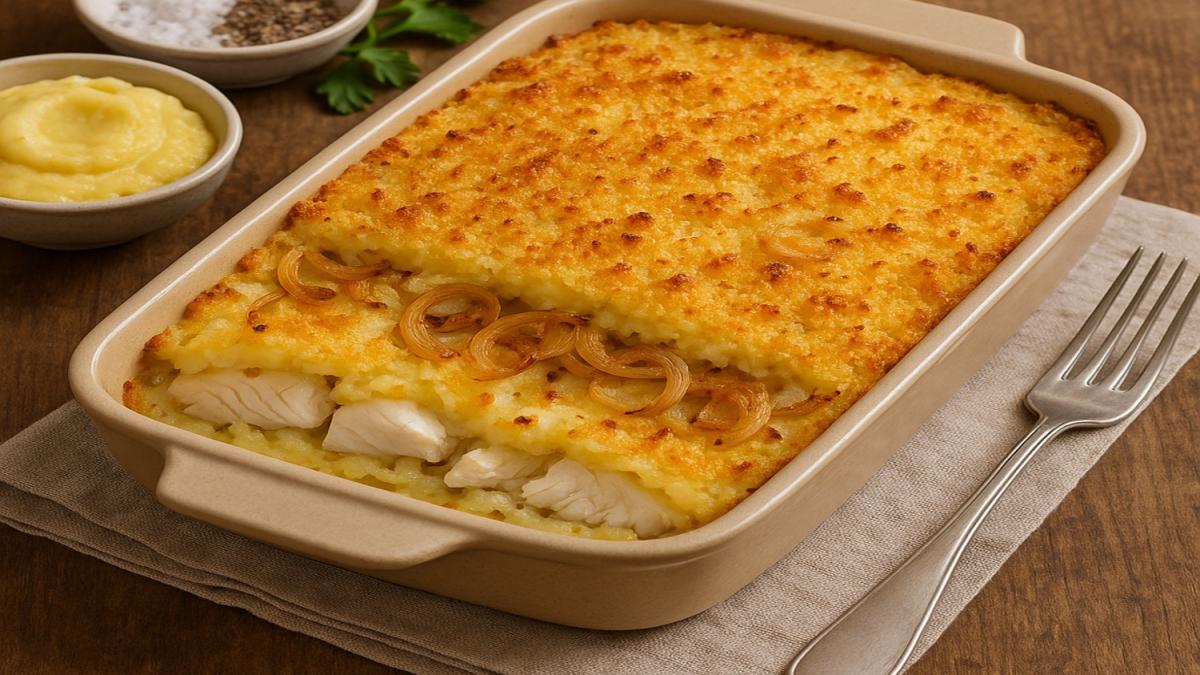 Запеканка из трески с картофельным пюре и луком