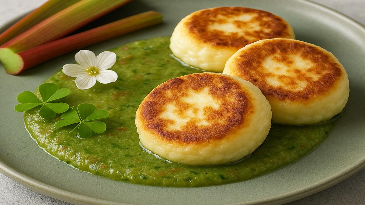 Сырники с пюре из ревеня и кислицы