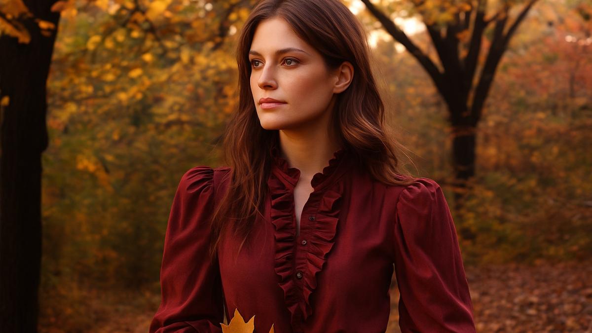Осенняя мода: женщина в бордовой блузке с рюшами
