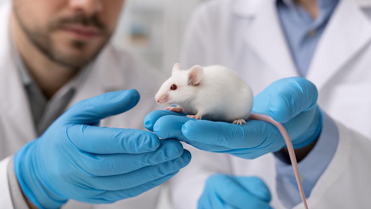Учёные держат мышь в руках