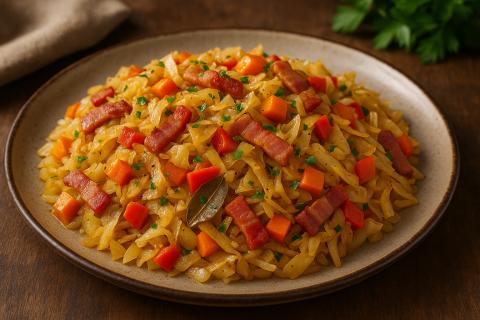 Кулинарный эксперт: тушёная капуста с беконом и овощами — сытный вариант для зимнего меню