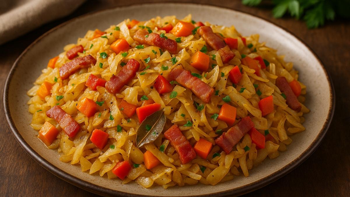 Тушёная капуста с беконом и овощами Тушёная капуста с беконом и овощами