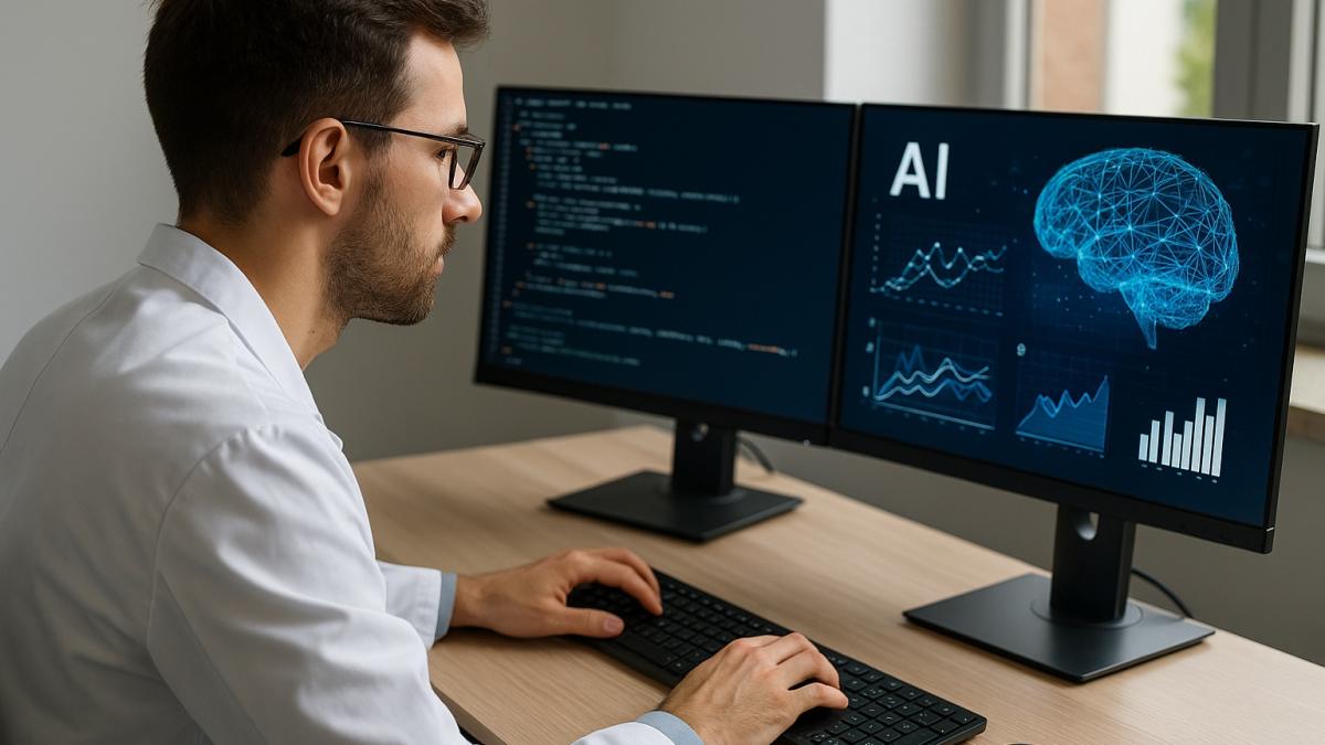 Учёный за компьютером и ИИ