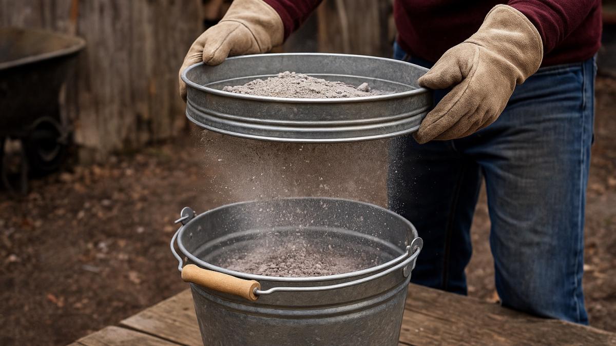 Просеивание золы в ведро