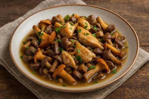 Курица с лесными грибами и овощами — традиционное жаркое на каждый день