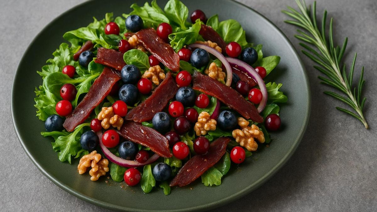 Салат с вяленым мясом и дикими ягодами