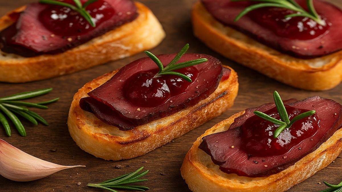 Брускетты с копчёной олениной и клюквенным желе Брускетты с копчёной олениной и клюквенным желе