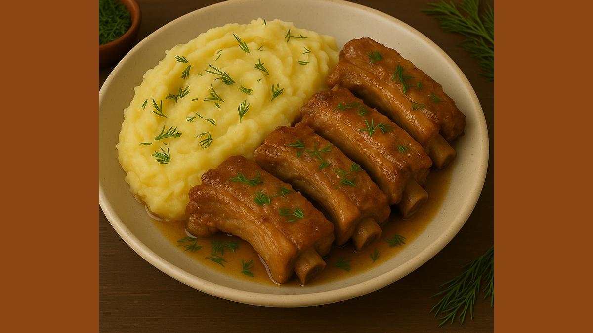 Рёбрышки по-поморски с картофельным пюре и укропом