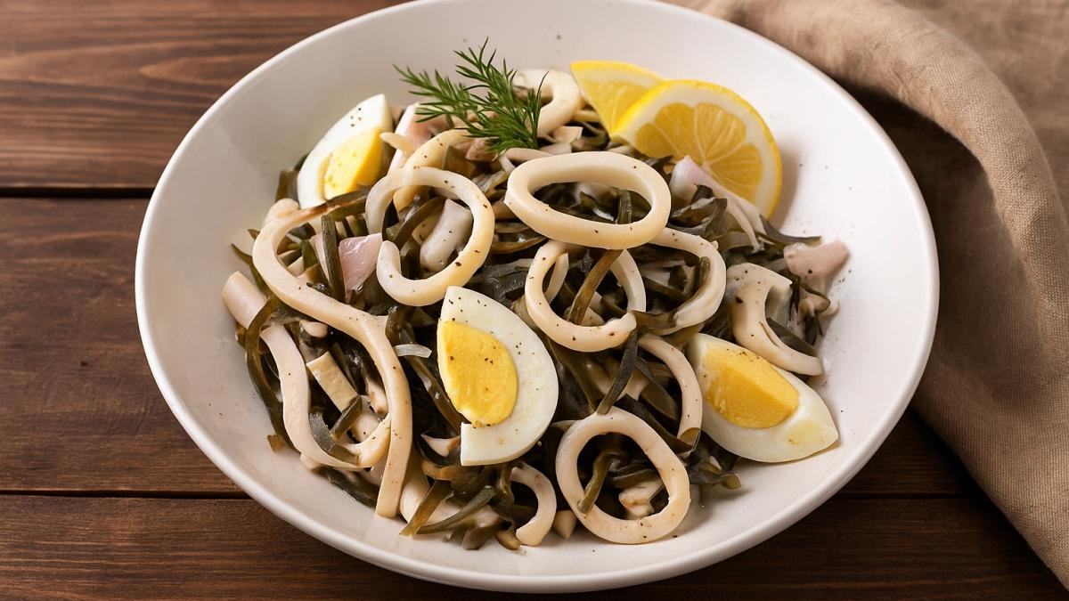 Салат с кальмаром, морской капустой и яйцом Салат с кальмаром, морской капустой и яйцом