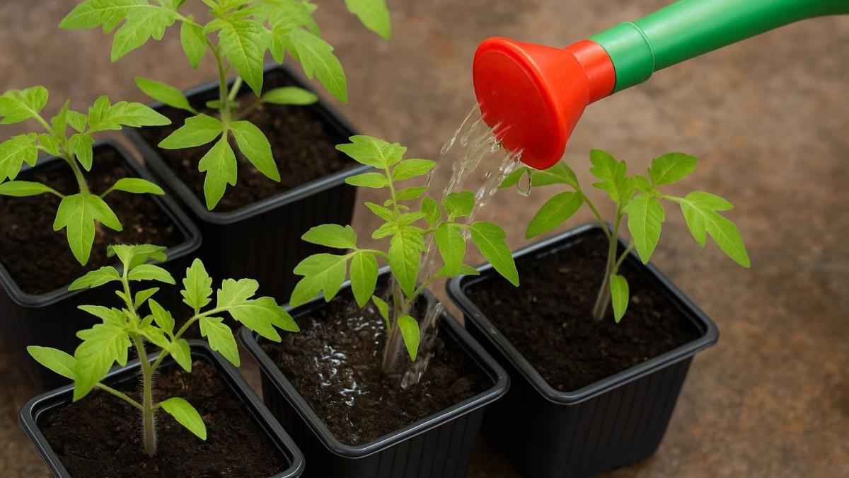 Полив рассады томатов