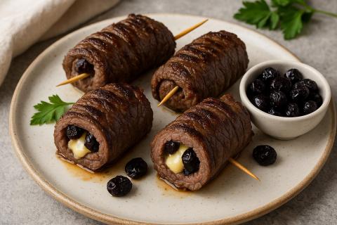 Рецепт рулетиков с сушёной черёмухой и твёрдым сыром в говядине