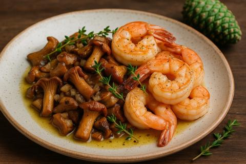 Креветки, лесные грибы и шишечное масло: сезонное блюдо с таёжным вкусом