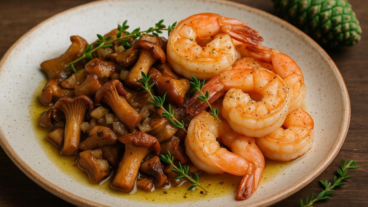 Креветки с томлёными грибами и шишечным маслом