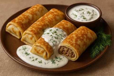 Диетолог: блинчики с мясной начинкой и сметанным соусом — источник белка и энергии