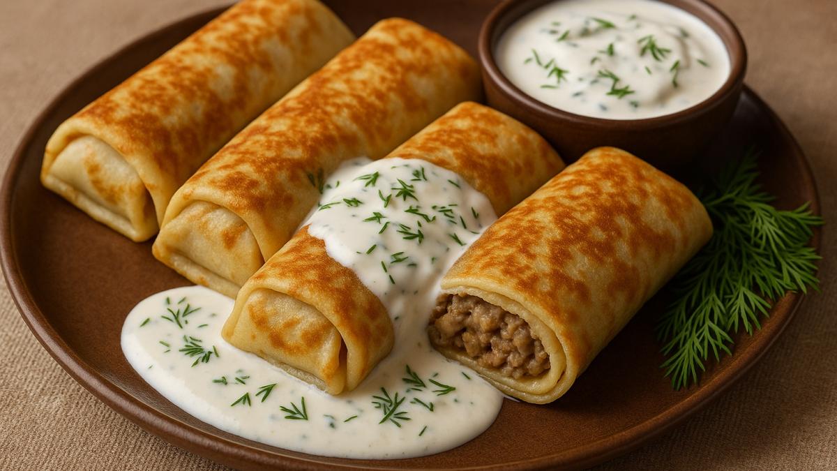 Блинчики с мясной начинкой в сметанном соусе Блинчики с мясной начинкой в сметанном соусе