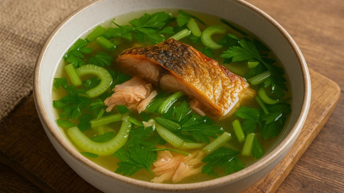 Бульон из копчёной рыбы с луком и сельдереем