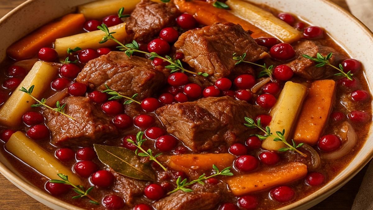 Ягнёнок с тушёной брусникой и корнями Ягнёнок с тушёной брусникой и корнями