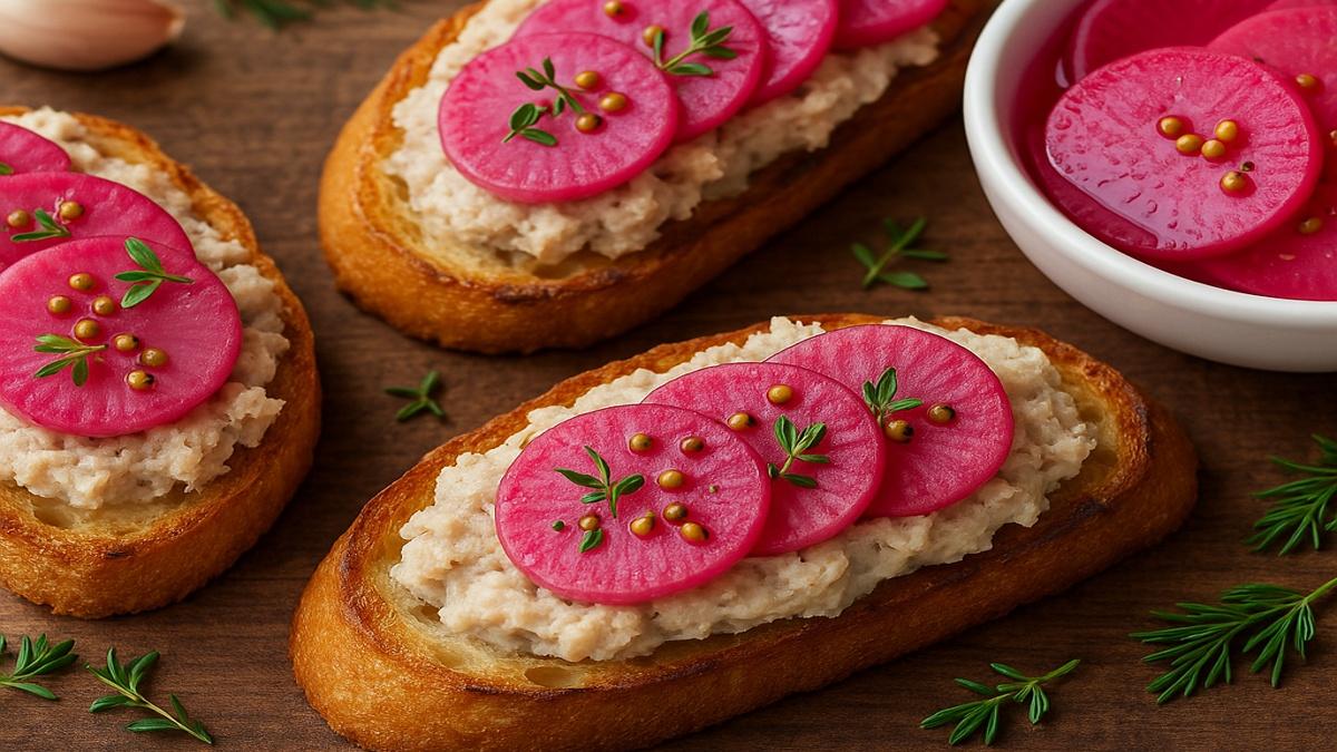 Брускетты с паштетом из рыбы и маринованной репой Брускетты с паштетом из рыбы и маринованной репой