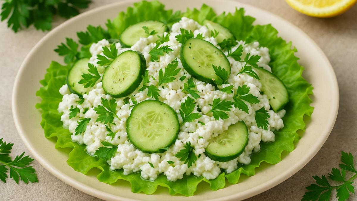 Салат из творога, зелени и огурца